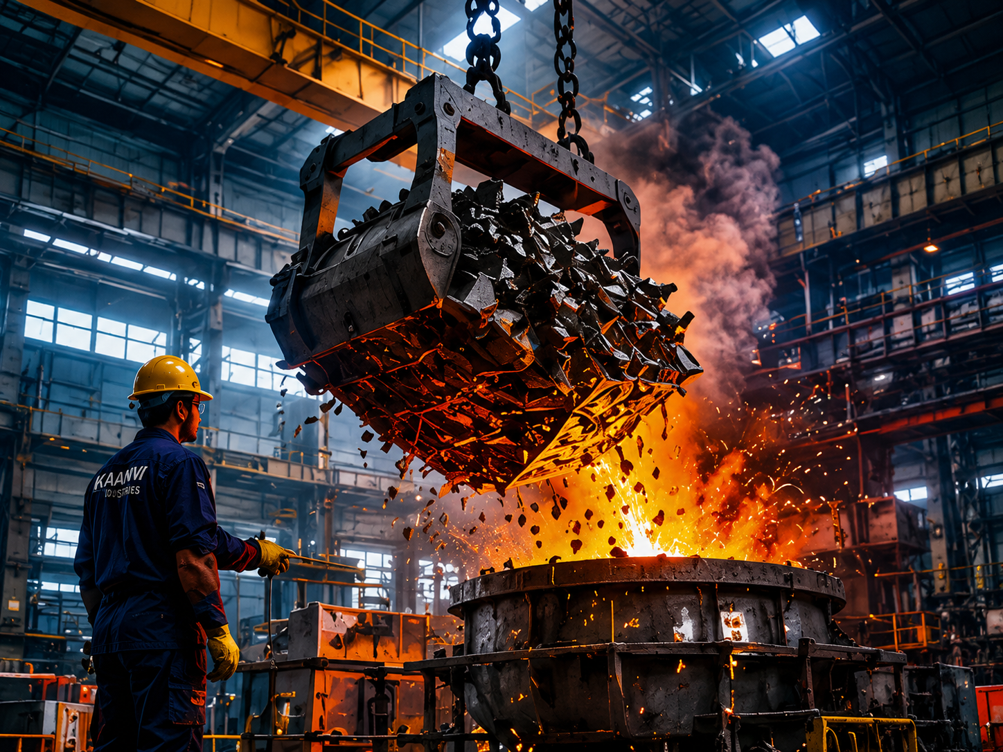 Raw Material Charging – scrap metal loading into furnace