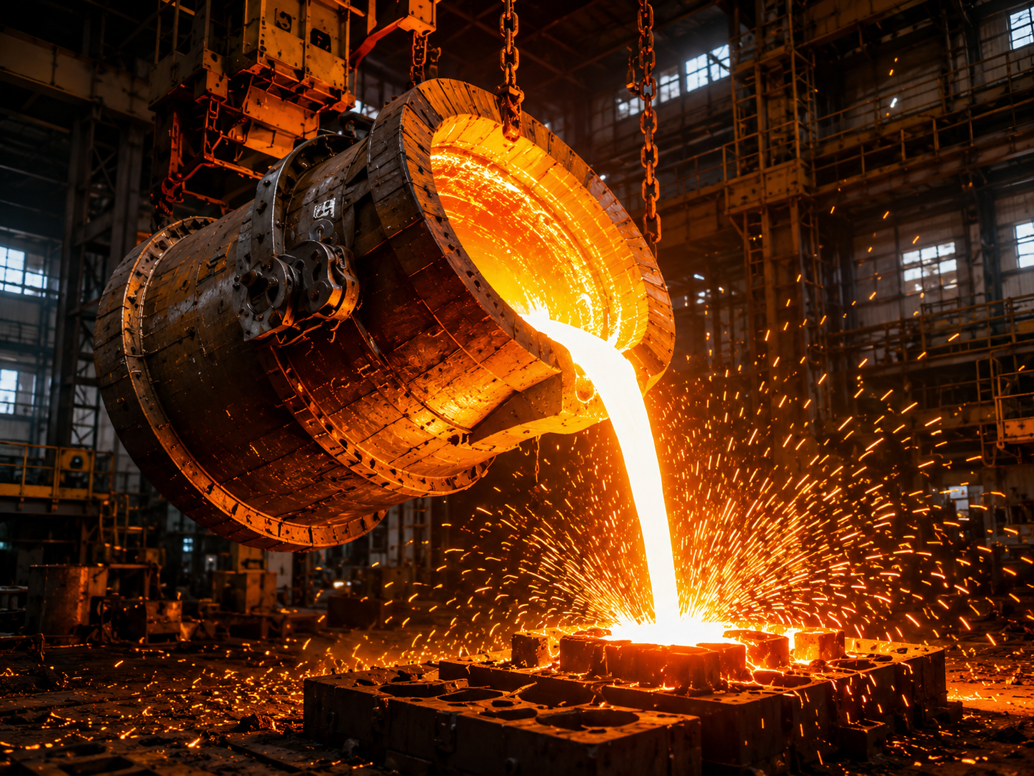 Molten Metal Pouring – ladle tilting into molds with sparks