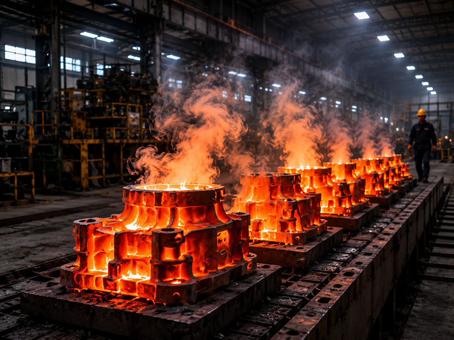 Casting Solidification – glowing hot castings cooling on conveyor
